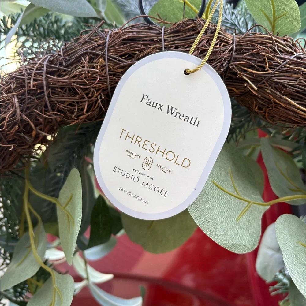 STUDIO MCGEE NWT faux olive, eucalyptus, pine wreath w/ velvet bow -26”